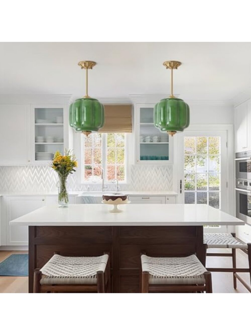 Vintage Green Milk Glass Pendant Light Chandelier, Antique Brass, Mid Century - Picture 3 of 6